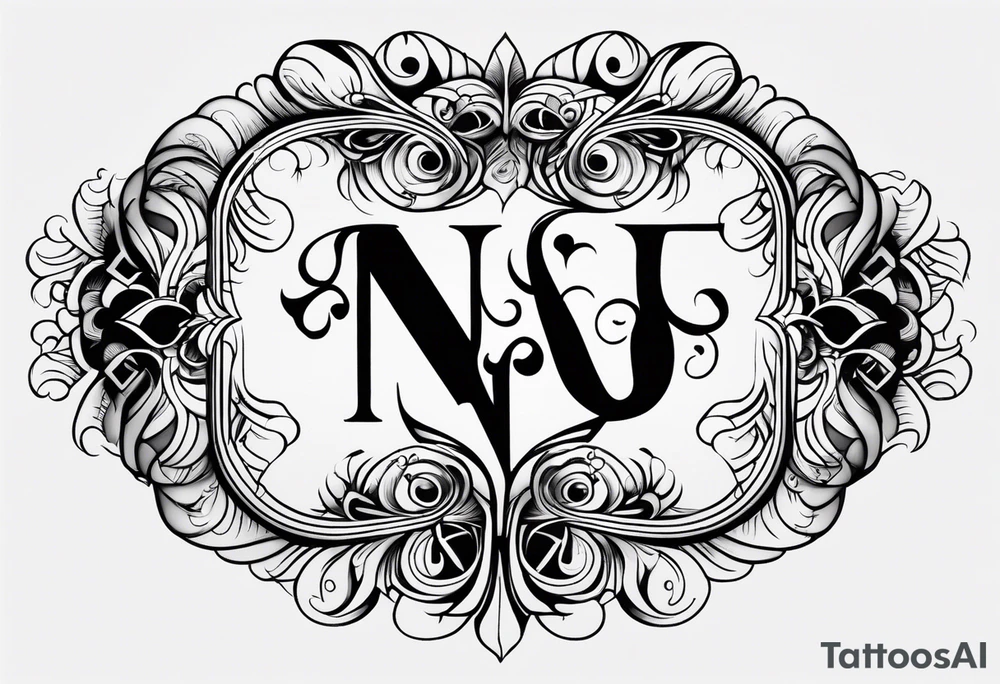 The initials N.A.J.E. in edwardian script surrounded by symmetrical smoke and intricate design tattoo idea