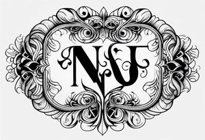 The initials N.A.J.E. in edwardian script surrounded by symmetrical smoke and intricate design tattoo idea