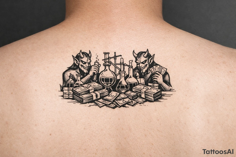 Meth lab with demons and money tattoo idea