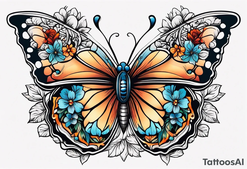 butterfly 
with flowers around it vintage old school traditional tattoo idea