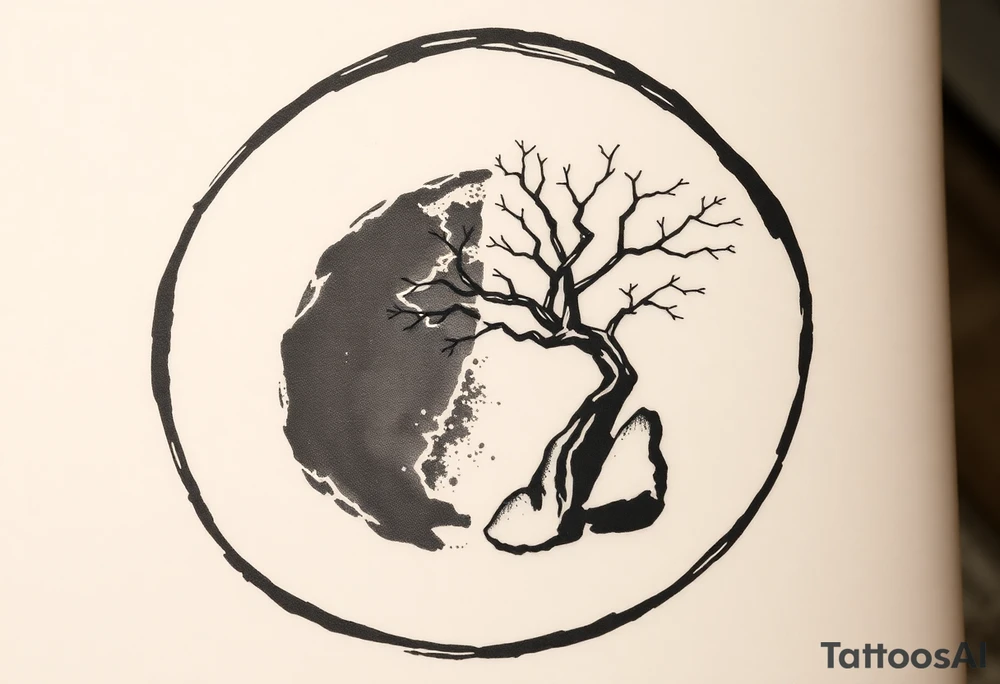 thick Zen ensō circle, drawn with a bold, hand‑painted black ink brushstroke. The circle is imperfect and organic, with visible texture and subtle variation in line thickness. About the last quarter of the circle, near the top‑right, transforms into a cracked ceramic segment that has been repaired using kintsugi: visible broken pieces outlined and joined by thin, flowing gold lines. There should be a couple big pieces of ceramic and no small ones. The circle and the ceramic part should have the same thickness. The gold seams follow the natural fractures of the ceramic section, creating several branching cracks rather than a single line, clearly distinguishing this repaired portion from the rest of the smooth ink circle. The transition from ink to ceramic should feel natural, as if the painted circle solidifies into a fragile object that has been lovingly mended. The ceramic shall seamlessly flow into a rock from which a tree of life sprouts. Design it as a black and gray tattoo with a subtle metallic gold effect on the kintsugi seams, suitable for a medium‑sized placement on the back of the bicep. tattoo idea