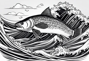 Blues and blacks, waves fish, struggle, determination tattoo idea