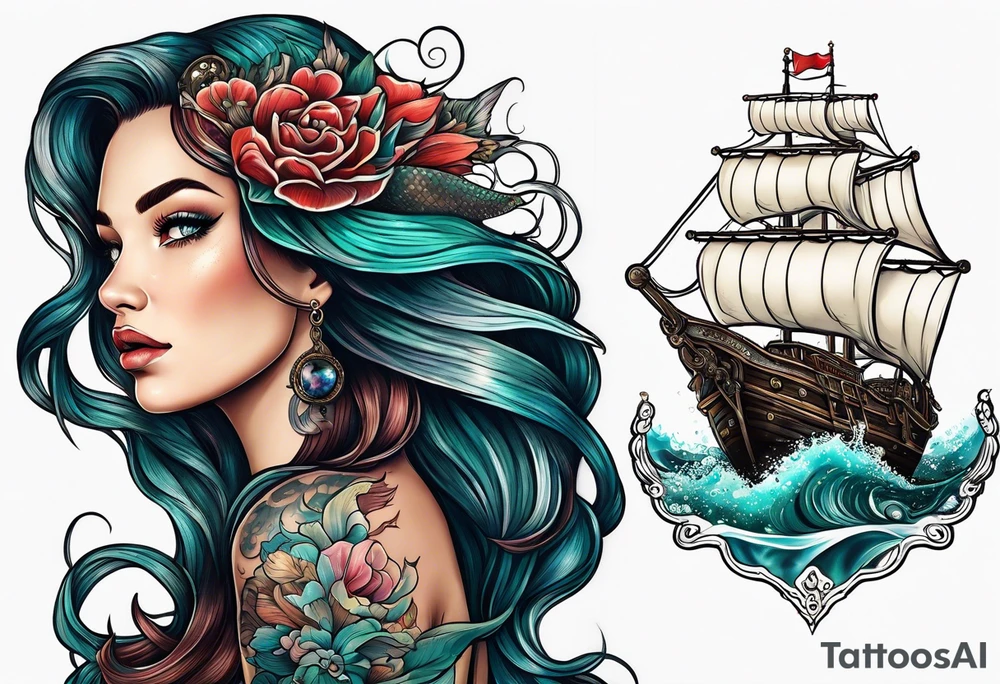 mermaid with galleon ship tattoo idea