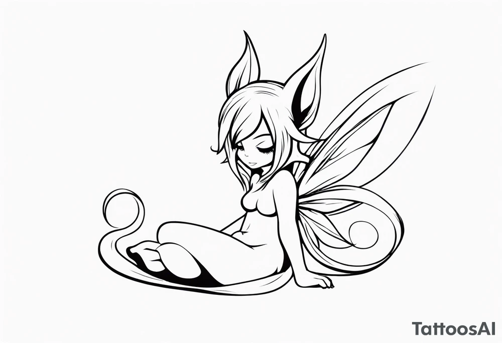 A fairy with a tail inspired by the logo of the show called Fairy Tail in a fetal position leaning in tattoo idea