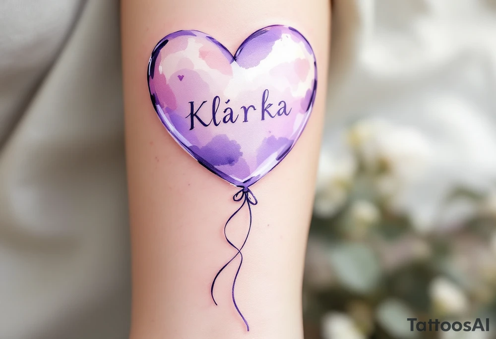 A heart-shaped balloon in soft lavender with a ribbon spelling name Klárka. tattoo idea