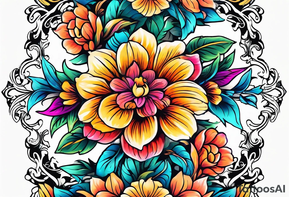 FLORAL PATTERN, SEEMLESS, BRIGHT, NEONS, COLORFUL tattoo idea