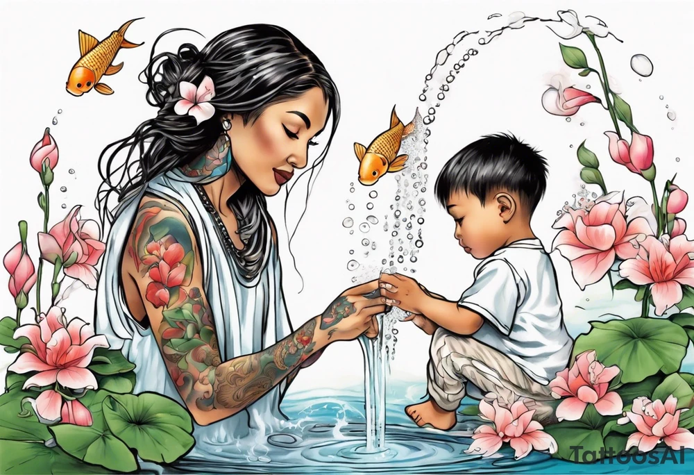 ethnic 
woman and two little boy, watering sweet pea flowers cascading down, surrounding a pond with 2 koi fish swimming tattoo idea