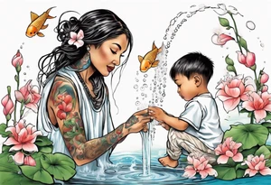 ethnic 
woman and two little boy, watering sweet pea flowers cascading down, surrounding a pond with 2 koi fish swimming tattoo idea