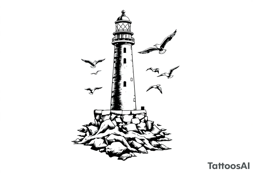 Lighthouse in the sea with jetty around flying seagulls tattoo idea