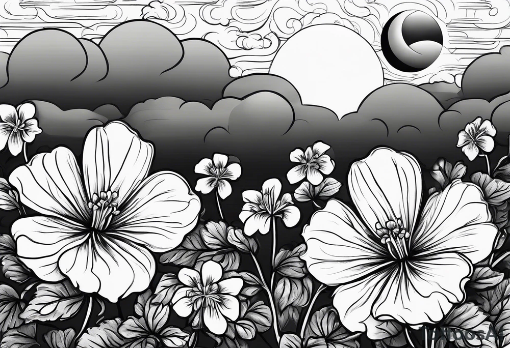 Geraniums as rain with a crescent moon behind tattoo idea