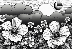 Geraniums as rain with a crescent moon behind tattoo idea