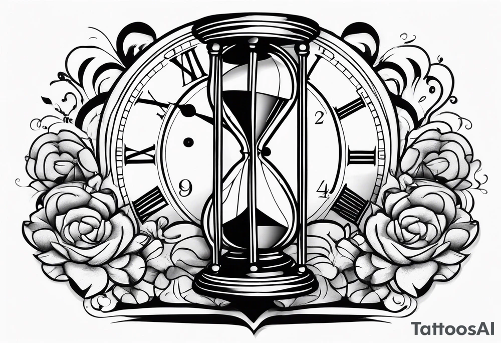 a tattoo mixing a clock integrated with an hourglass an hourglass in black and white where the year 1979 appears. on the amount of the hourglass tattoo idea