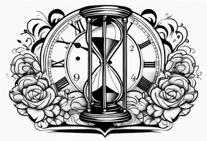 a tattoo mixing a clock integrated with an hourglass an hourglass in black and white where the year 1979 appears. on the amount of the hourglass tattoo idea