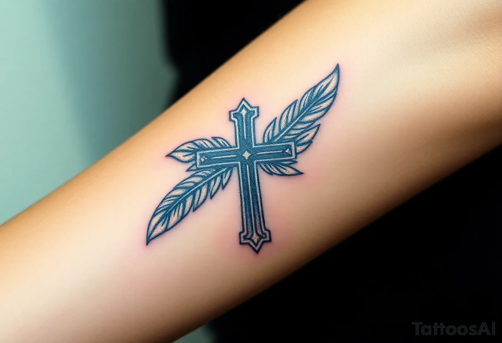 A glowing silver cross with floating feathers, each reflecting hints of pink, blue, and soft gold tattoo idea