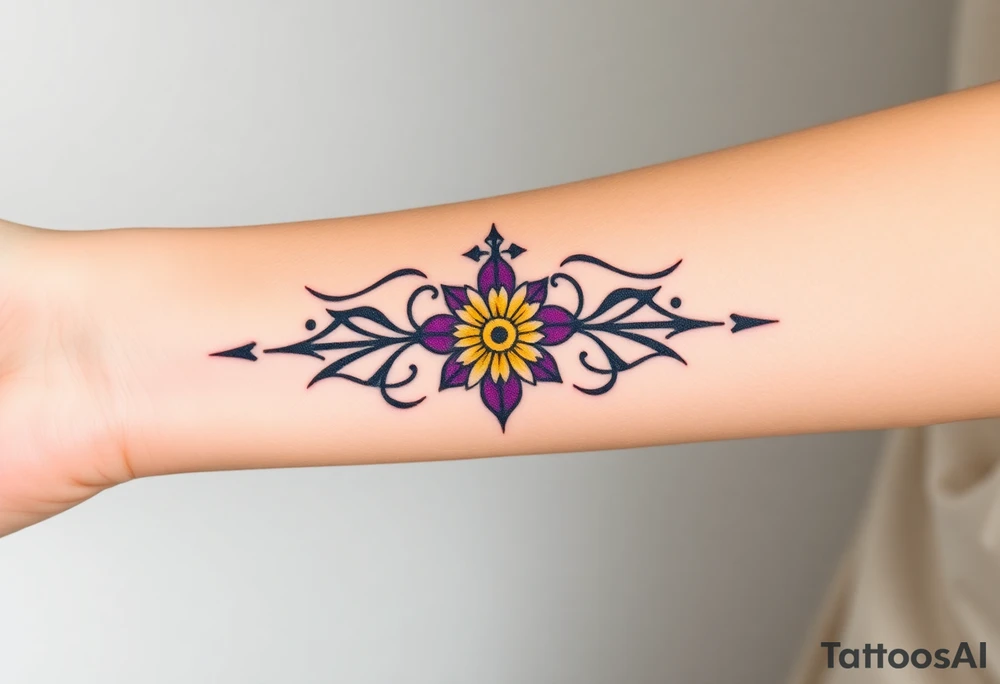 simple with Purple Hearts with yellow daisy with cross tattoo idea