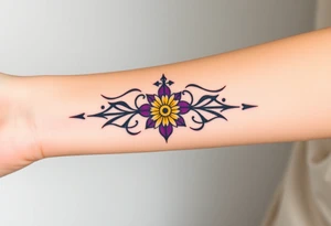 simple with Purple Hearts with yellow daisy with cross tattoo idea