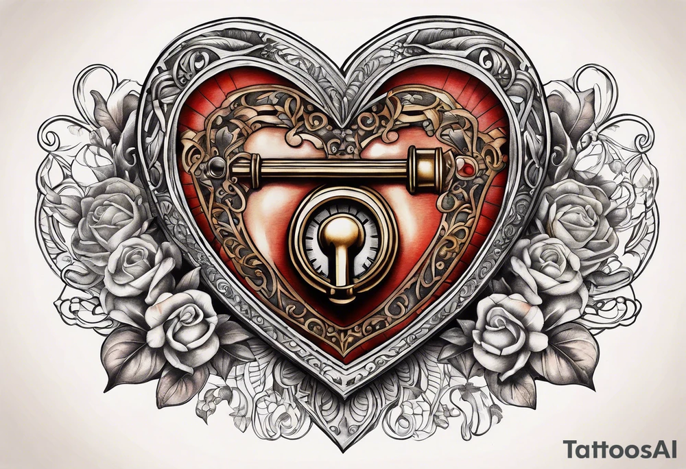vintage heart lock and ket tattoo idea