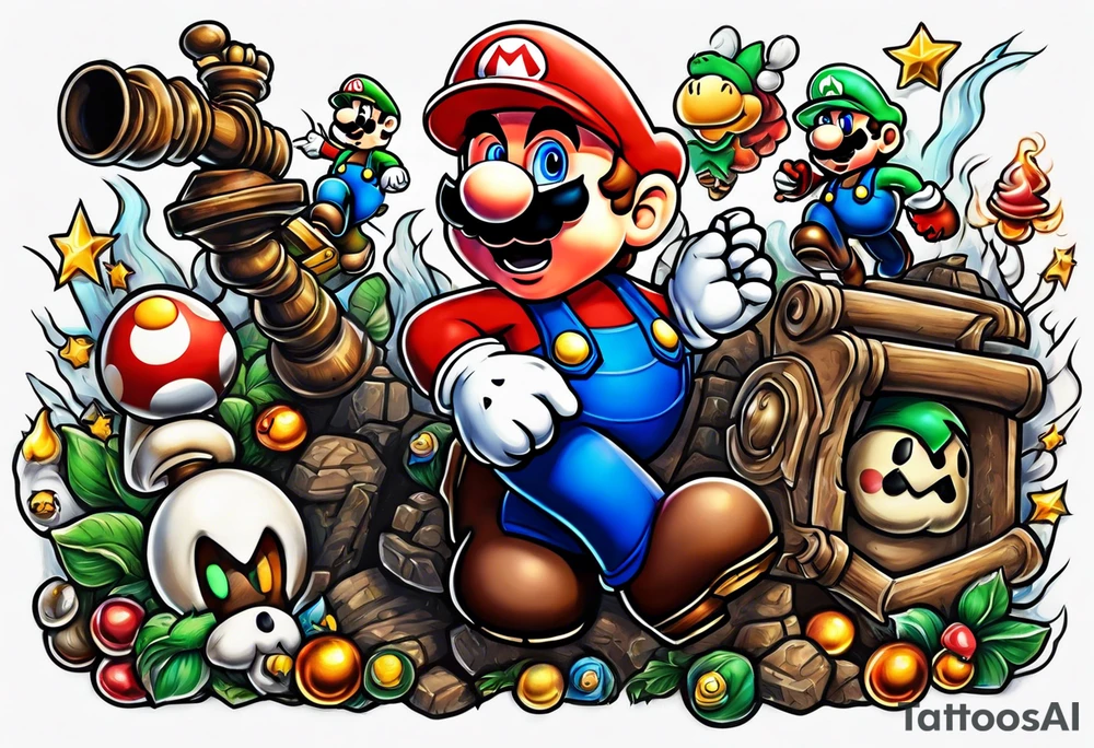 Mario brothers with ghosts and goombas with canons tattoo idea