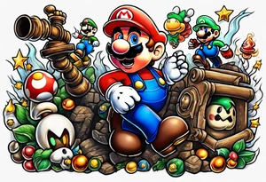 Mario brothers with ghosts and goombas with canons tattoo idea
