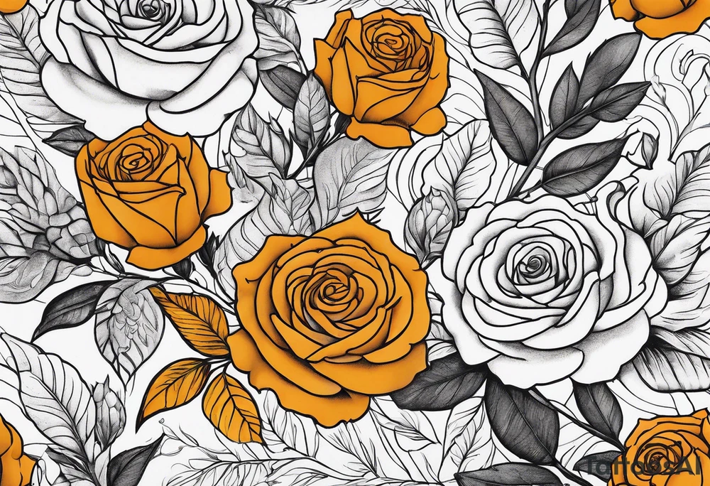sleeve tattoo in fall colors with roses background swirls, leaves tattoo idea