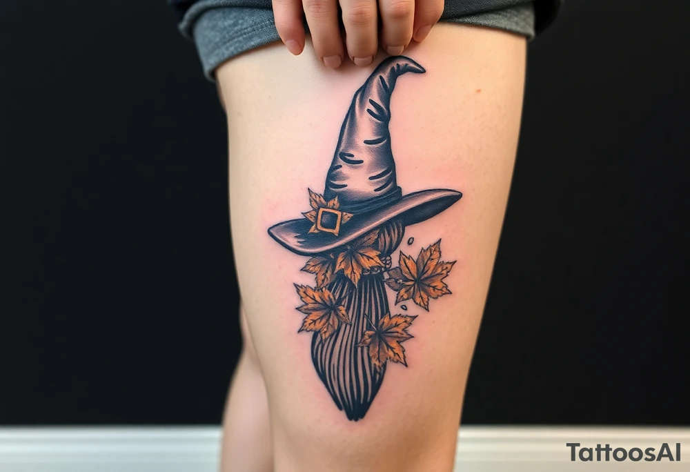 Which is broom with handle
 a witches hat with fall maple leaves tattoo idea
