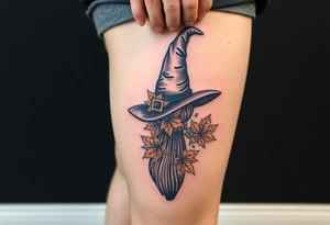 Which is broom with handle
 a witches hat with fall maple leaves tattoo idea