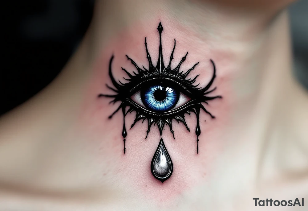 A black Nazar symbol (evil eye) with rich blue irises and a silver tear drop below. tattoo idea