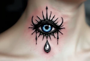 A black Nazar symbol (evil eye) with rich blue irises and a silver tear drop below. tattoo idea