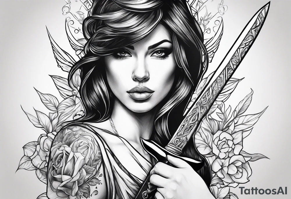 Female holding dagger tattoo idea