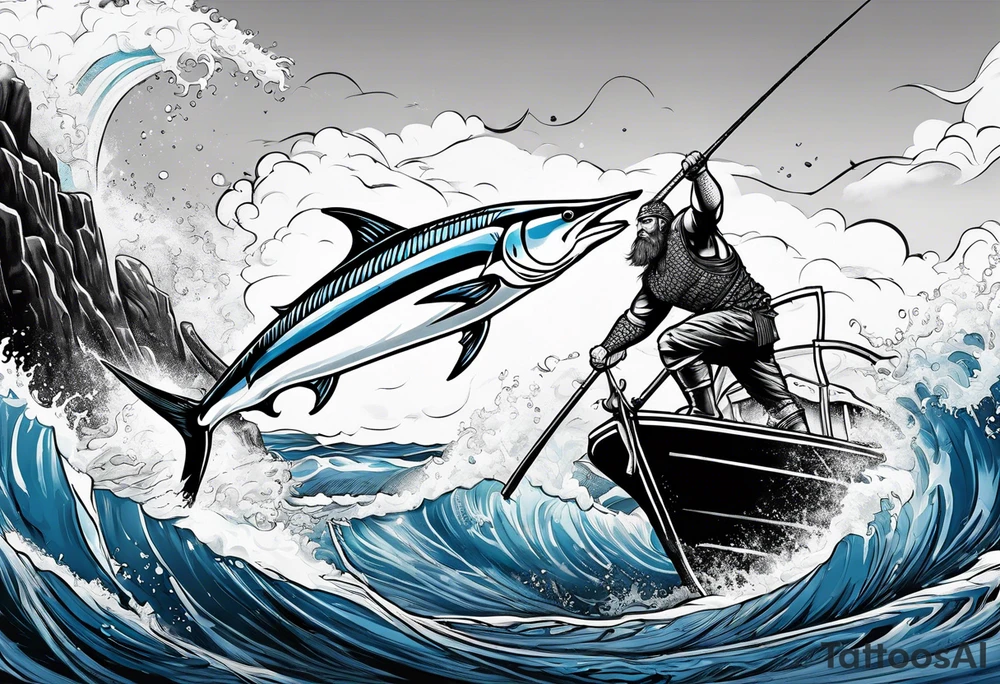 viking superhero catching a blue marlin with tuna jumping tattoo idea