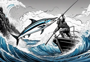 viking superhero catching a blue marlin with tuna jumping tattoo idea