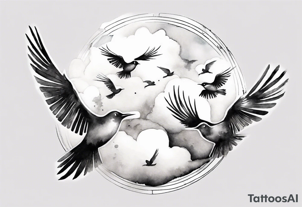 shoulder tattoo with light rays with birds flying free among the clouds, round shape, 3d effect tattoo idea shoulder tattoo with light rays with birds flying free among the clouds, round shape, 3d effect tattoo idea