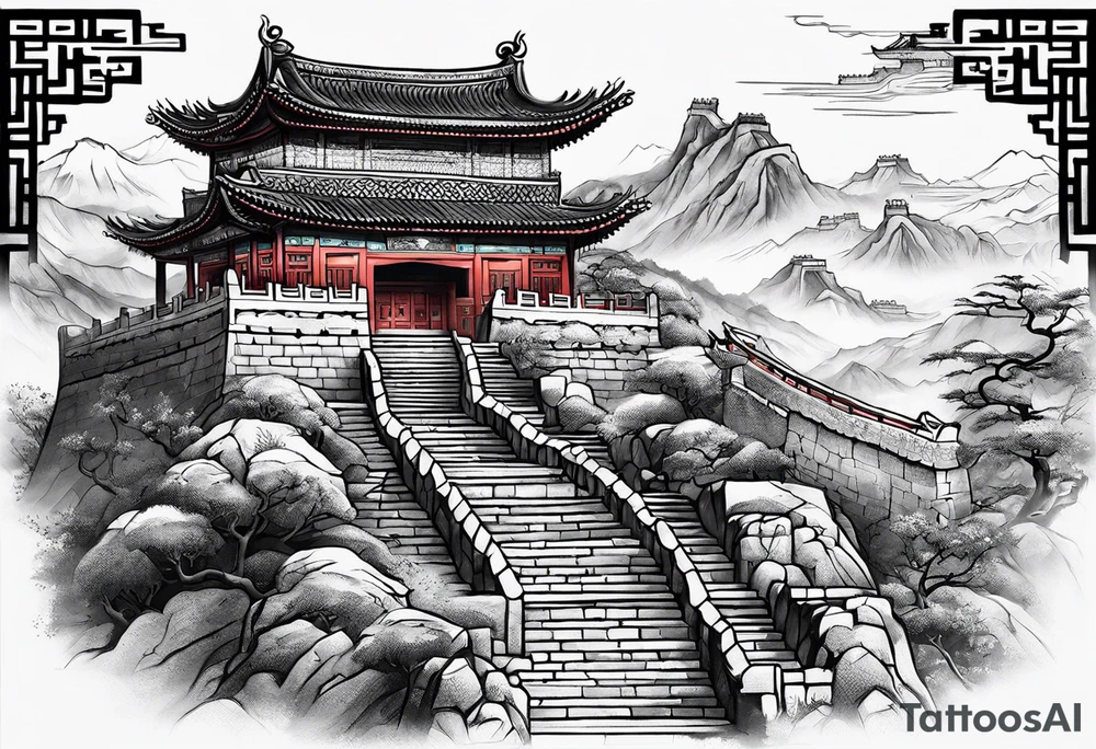 In English:

Create for me a tattoo in the Chinese style featuring a tiger, a rat, a snake, the Great Wall of China, and a temple. tattoo idea