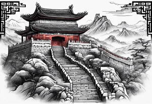 In English:

Create for me a tattoo in the Chinese style featuring a tiger, a rat, a snake, the Great Wall of China, and a temple. tattoo idea