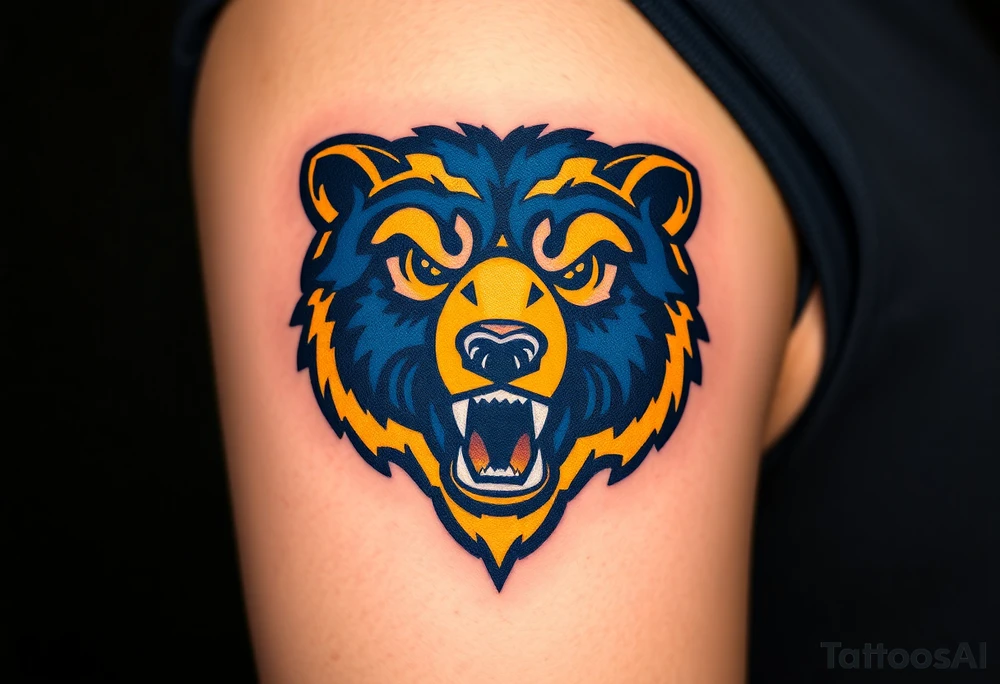 University of Northern Colorado bear mascot  head with Navy blue and yellow with UNC gothic lettering Above head tattoo idea