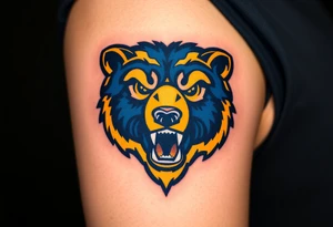 University of Northern Colorado bear mascot  head with Navy blue and yellow with UNC gothic lettering Above head tattoo idea