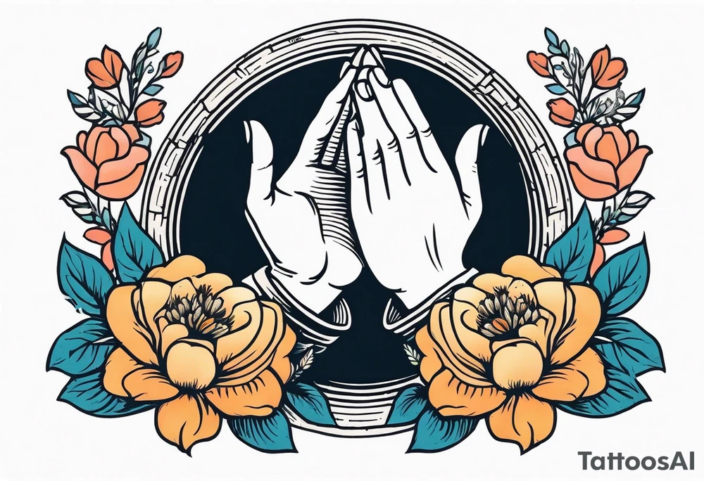 praying hands

old school vintage simple traditional design with vintage flowers surrounding
bold color simple tattoo idea