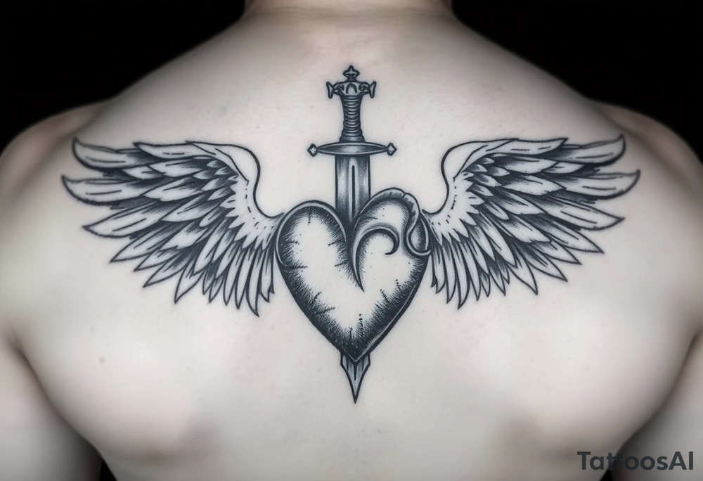 powerful 3d heart with the sword hilt on top an a crown on a top side, sith two angel gothic wings spread, but a but apart from the heart tattoo idea
