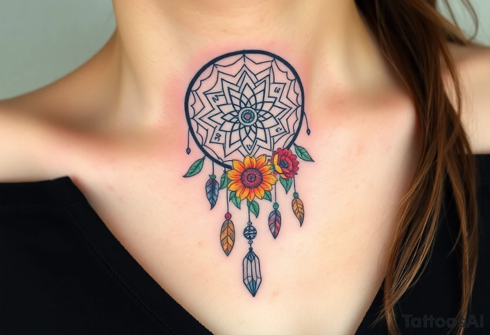 Dreamcatcher with zodiac symbols and protection runes caught in it with tigerlillies roses and sunflowers tattoo idea