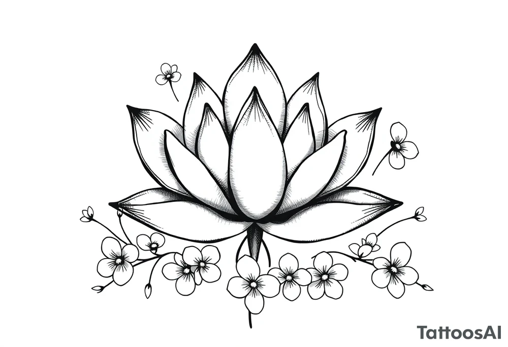 Lotus flower surrounded by forget me nots and peonies tattoo idea