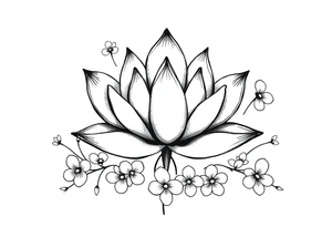 Lotus flower surrounded by forget me nots and peonies tattoo idea