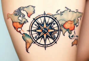 antique compass rose overlaid on weathered world map with sailing ships tattoo idea