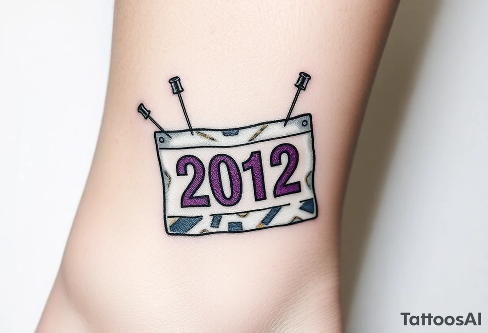 Safety pins through the skin attaching a running bib with 2012 and purple and gold accents tattoo idea