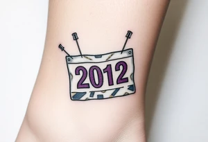 Safety pins through the skin attaching a running bib with 2012 and purple and gold accents tattoo idea