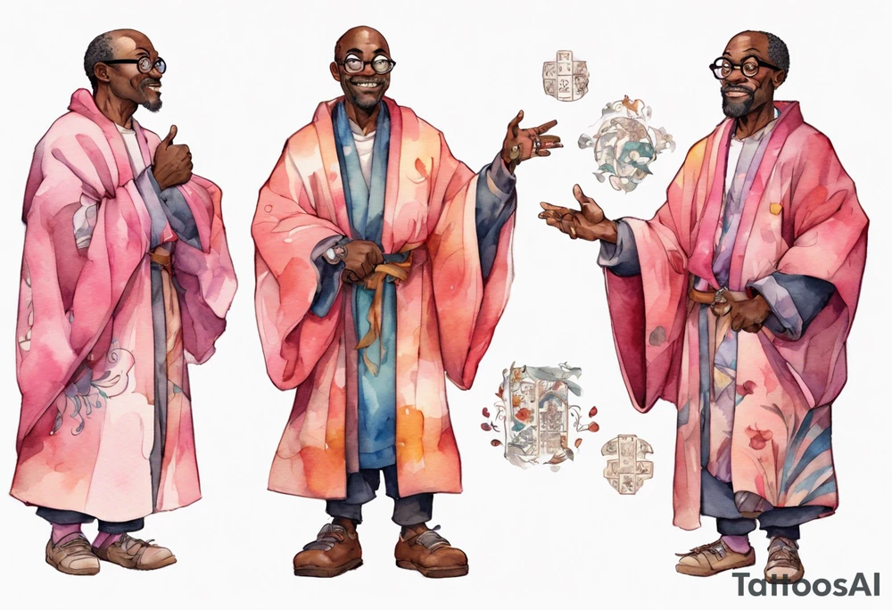 a middle-aged medieval black man wearing round glasses, wearing colorful robe, wearing pink bracers tattoo idea