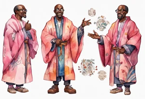 a middle-aged medieval black man wearing round glasses, wearing colorful robe, wearing pink bracers tattoo idea