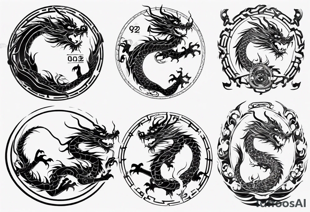 Chinese dragon in a circular shape with "02.03" written on it tattoo idea