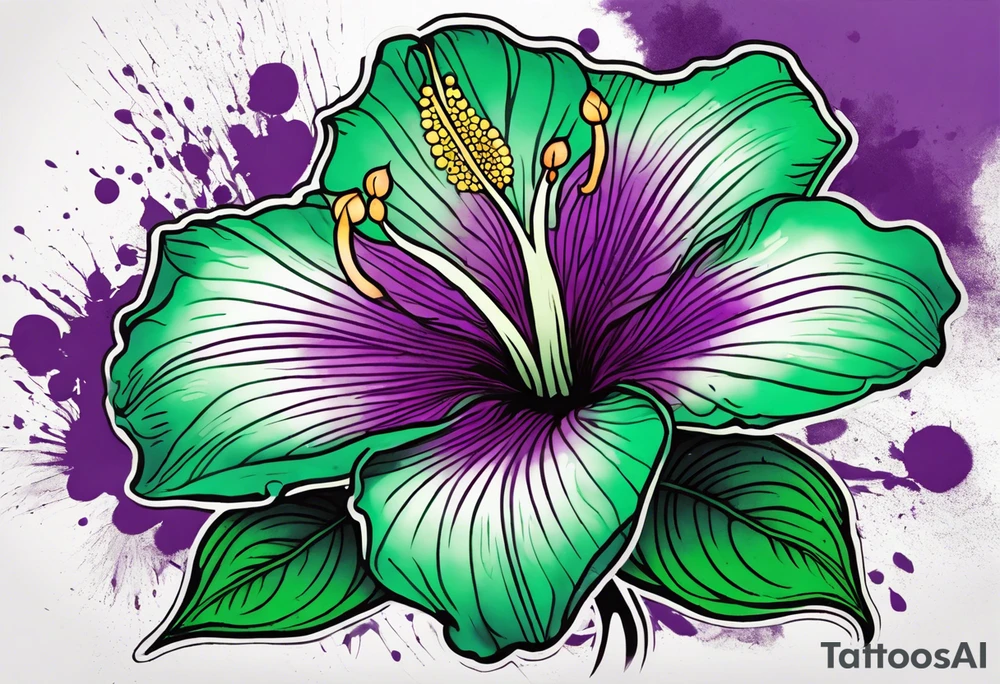 An outline of a green and purple rio dipladenia flower with a mystical green/purple watercolor splash in the background tattoo idea