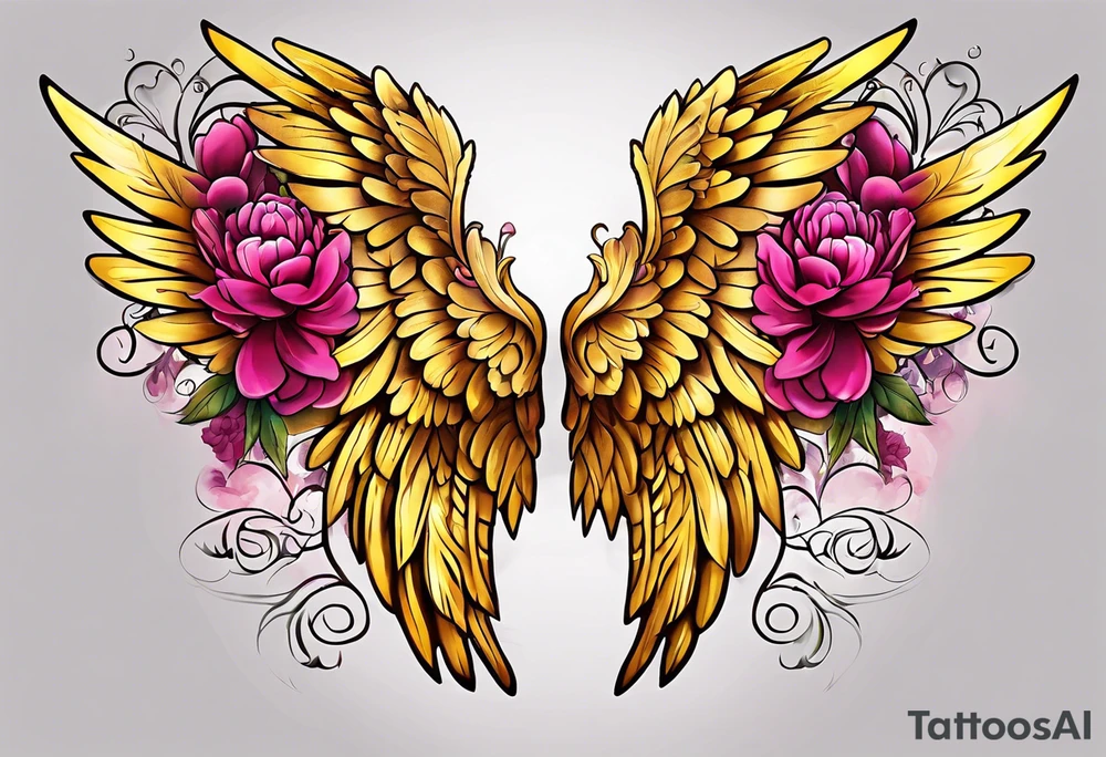 beautiful golden yellow angel wings with colorful hot pink, burgundy, peonies. beautiful flilligree in the background , full color tattoo idea