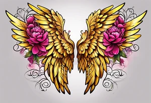 beautiful golden yellow angel wings with colorful hot pink, burgundy, peonies. beautiful flilligree in the background , full color tattoo idea